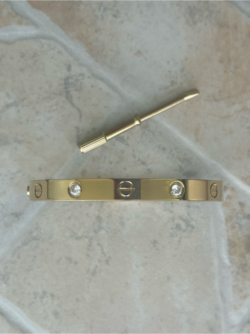 New- Gold Love Bracelet, Stamped, with Stones. Bangle
